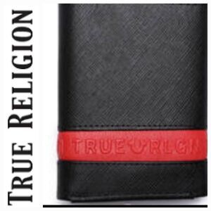 True Religion Slake Inlayed Red Repeat Logo Trifold Wallet